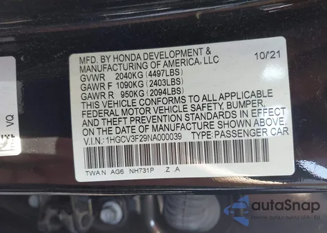 2022 Honda Accord Hybrid Sport z USA, uszkodzony, nr VIN 1HGCV3F29NA000039